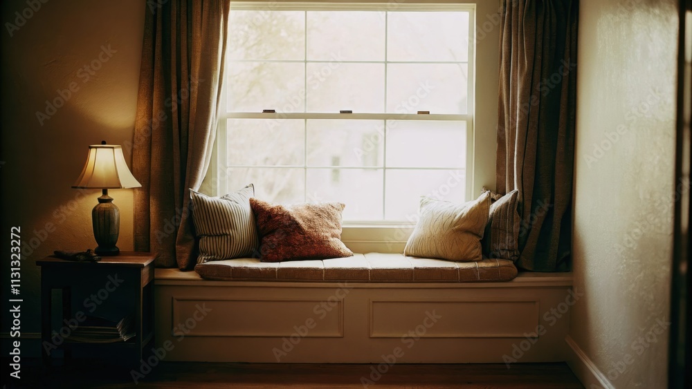 Aufkleber A cozy reading nook situated by a window with a builtin seat layered with plush cushions and a soft throw. A small side table holds a minimal lamp while light filtering through