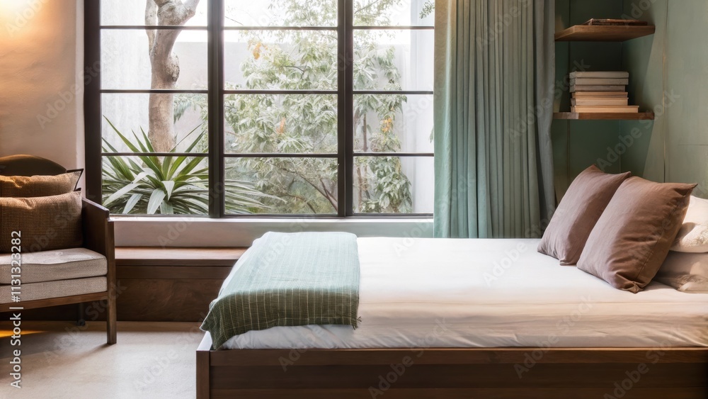 Aufkleber a serene bedroom with a lowprofile platform bed made from sustainable wood dressed in crisp white li