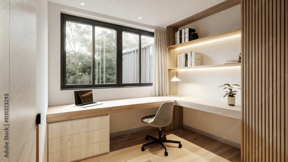 Poster a serene home office featuring a simple wooden desk with clean lines an ergonomic chair and a few or