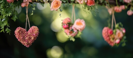Floral heart decorations hanging in lush greenery for an outdoor wedding celebration creating a romantic and natural ambiance.