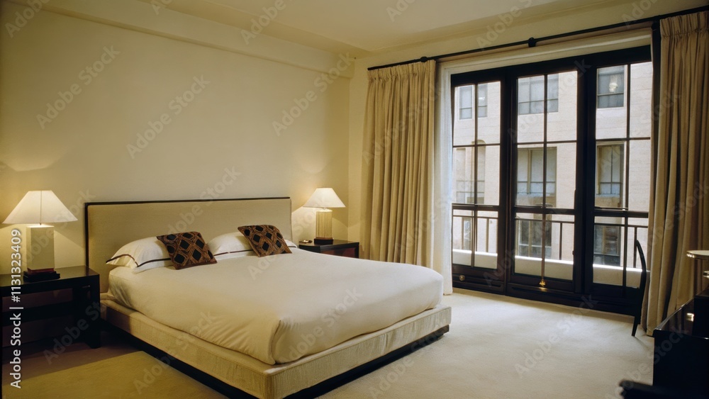 Aufkleber an airy bedroom showcasing a low platform bed with crisp white linens and a single decorative throw.