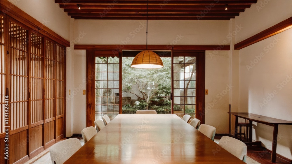 Poster A tranquil dining area with an elongated wooden table surrounded by unadorned minimalist chairs. A single pendant light hangs above casting a warm glow and a large window provides