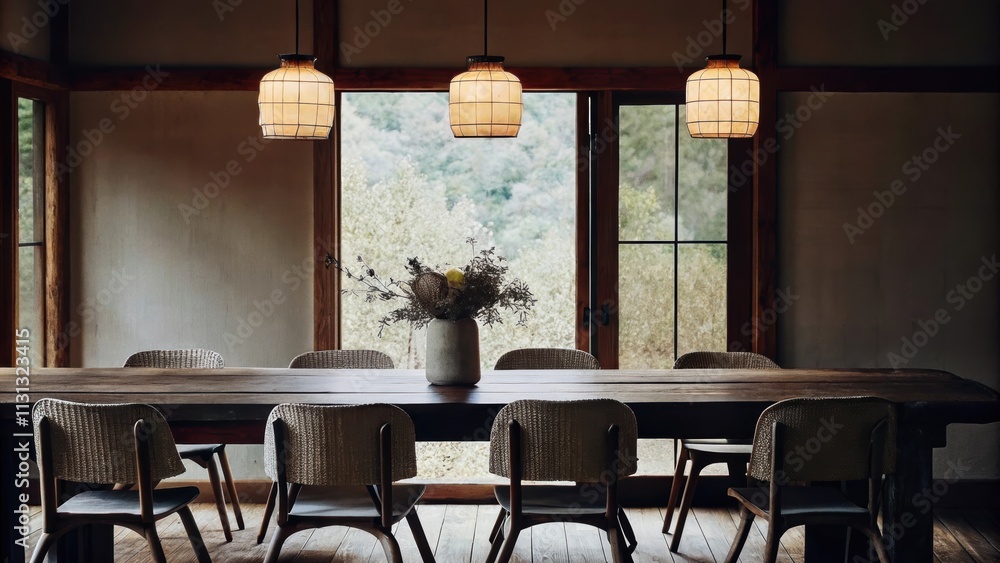 Poster a dining area showcasing a large rustic table made from salvaged wood surrounded by mismatched chair
