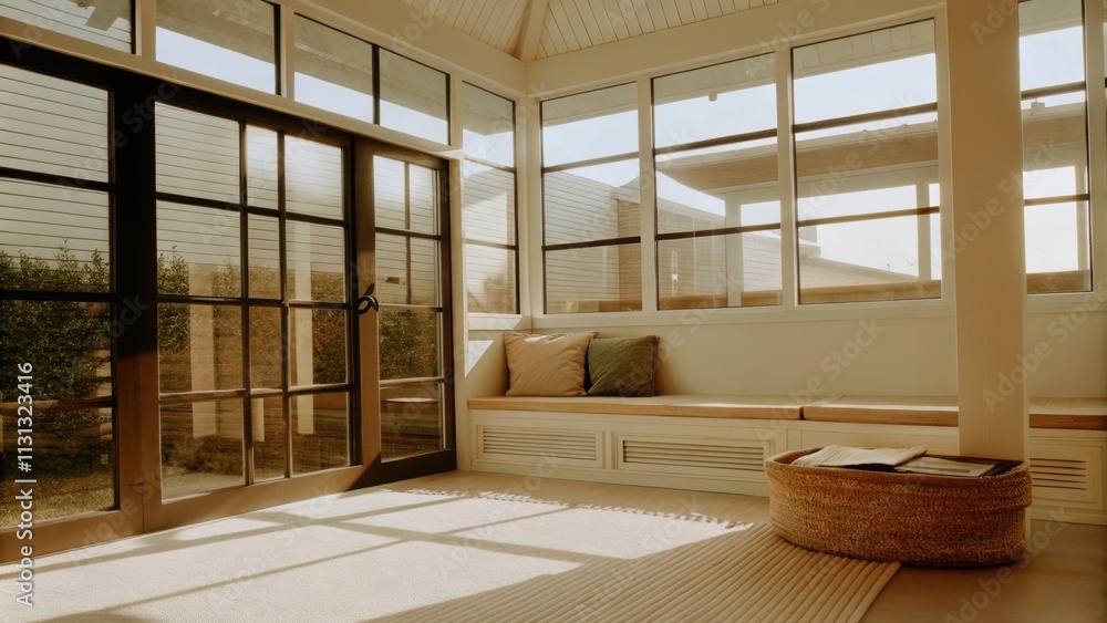 Poster a sunlit sunroom featuring large windows that invite the outside in with a simple wooden bench and a