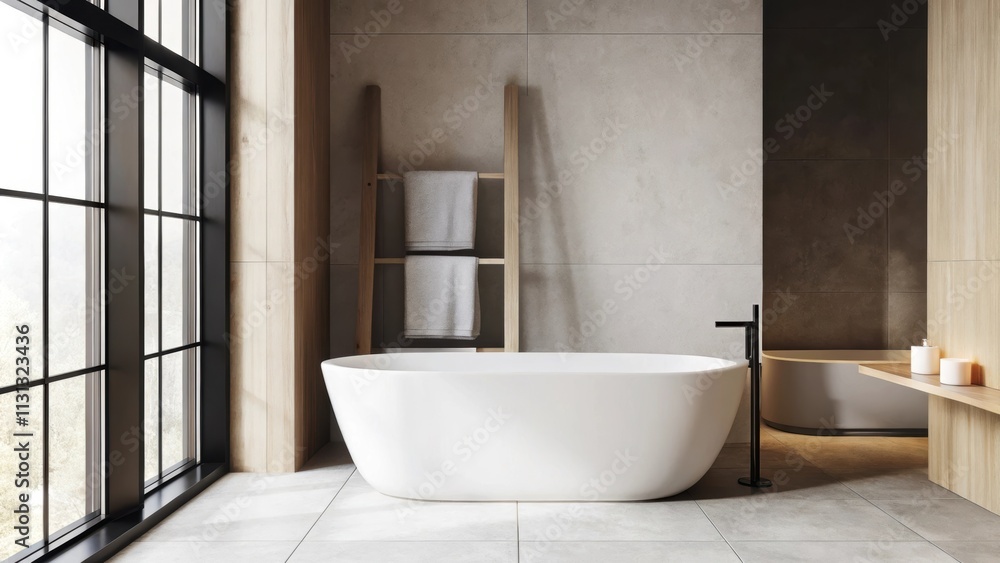Poster a minimalist bathroom with a large freestanding tub positioned near a window. lightcolored stone til