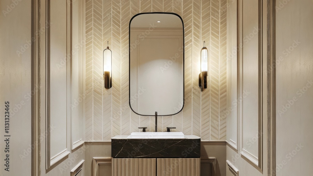 Poster a chic powder room displays a wallmounted sink with a sleek angular faucet. the walls are covered in