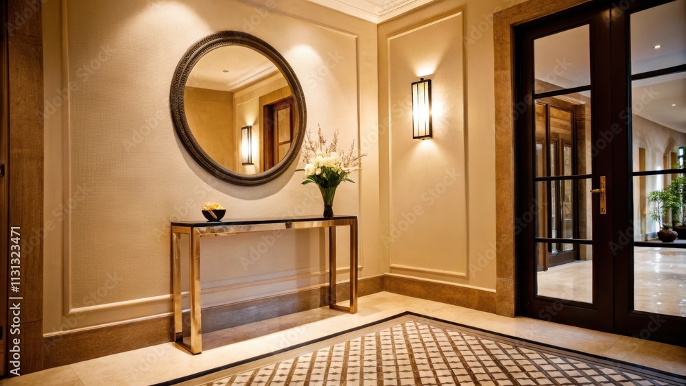 Aufkleber A spacious entryway adorned with a single slender console table holding a small vase of flowers. A round mirror on the wall reflects soft lighting and the floor is adorned with a