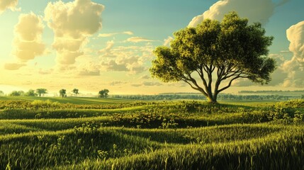 Naklejka premium Lush green landscape with a solitary tree under a blue sky and fluffy clouds capturing the beauty of nature and tranquility.