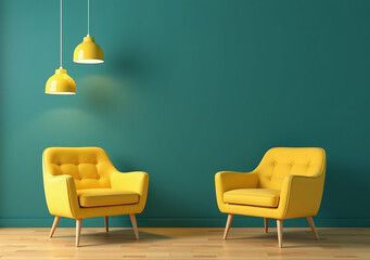 bold minimalist decor featuring two yellow chairs pendant lights dark teal