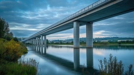 Elevated motorway bridge over a serene river reflecting the cloudy sky and surrounding landscape in a tranquil setting