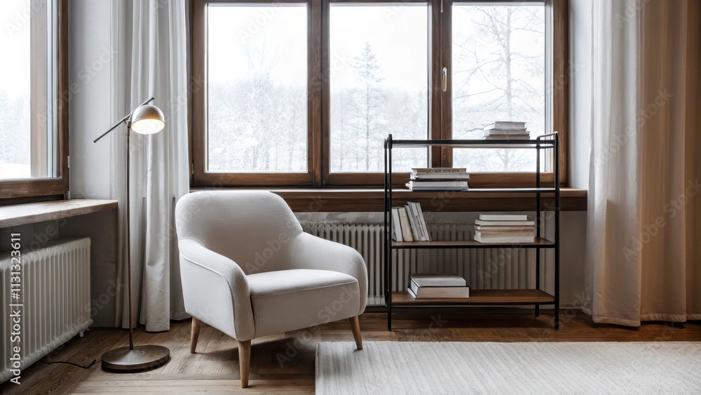 Aufkleber A small reading nook set against a large window featuring a single minimalist armchair a floor lamp with an exposed bulb and a collection of wellarranged books on an open metal
