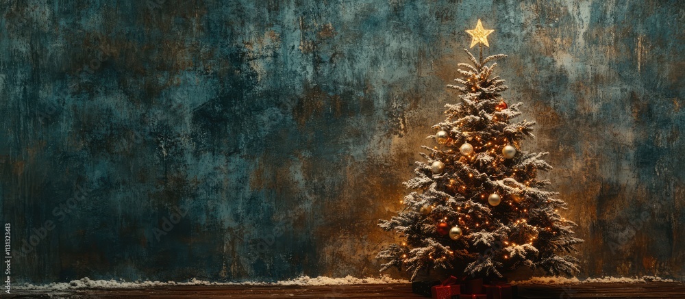 Poster christmas tree adorned with ornaments and a star shining against a rustic wooden backdrop creating a