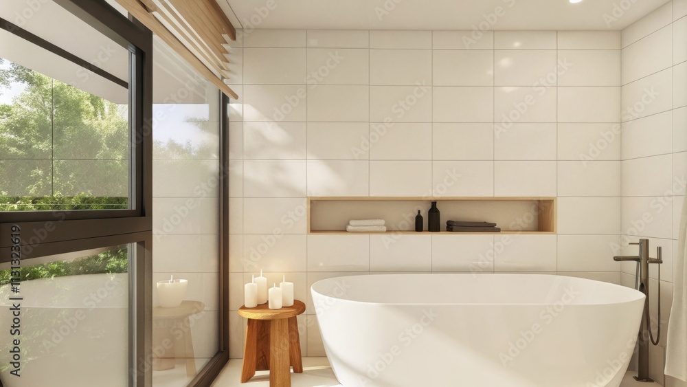 Poster a serene bathroom with a freestanding bathtub positioned beside a large window. simple white tiles l