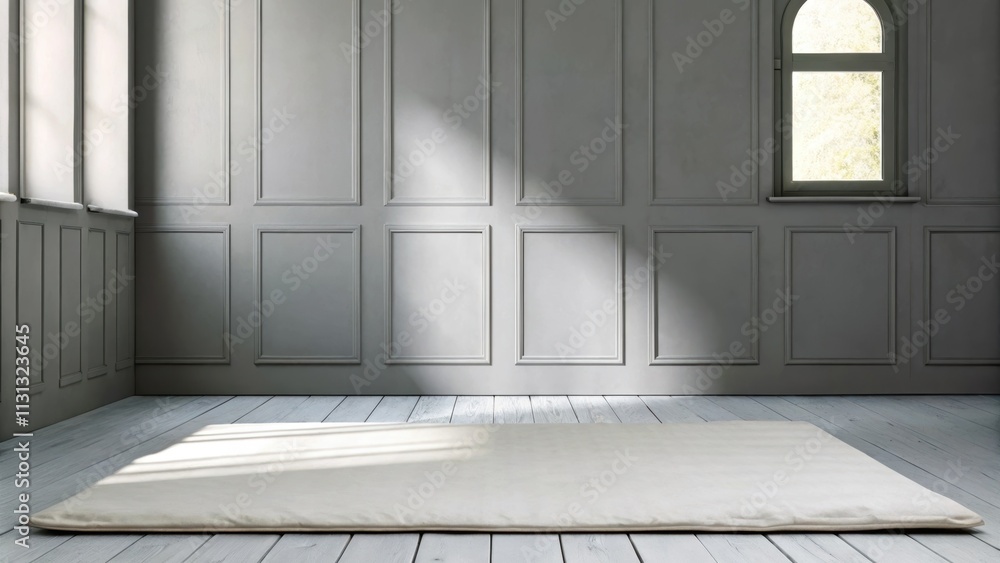 Poster a meditation room showcases a simple white mat p on a light gray wooden floor. walls painted in soft
