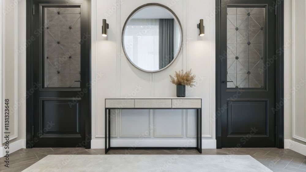Poster An elegant entryway featuring a simple console table with a round mirror above it. A small vase with dried flowers rests on the table complementing the clean lines of the space