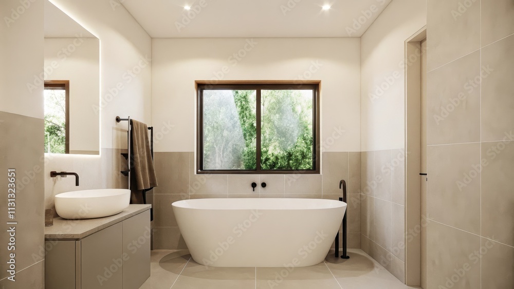 Aufkleber A calming bathroom with a freestanding tub a wallmounted sink and sleek fixtures highlighted by neutral tiles and soft diffused lighting from an overhead fixture.