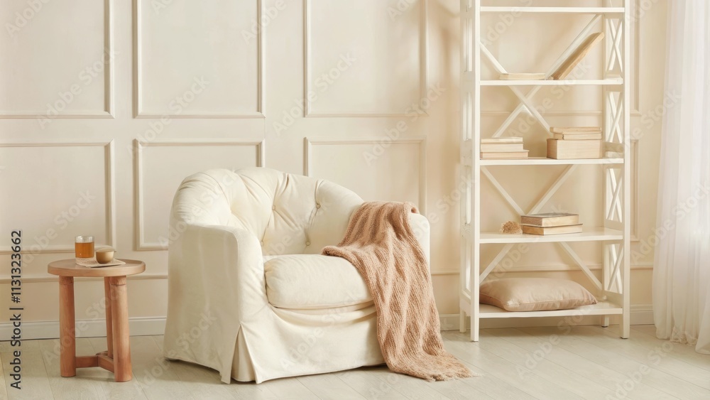 Aufkleber A cozy reading nook with a plush low armchair a small side table for a drink and a tall bookshelf filled with a curated selection of books surrounded by light beige walls and a