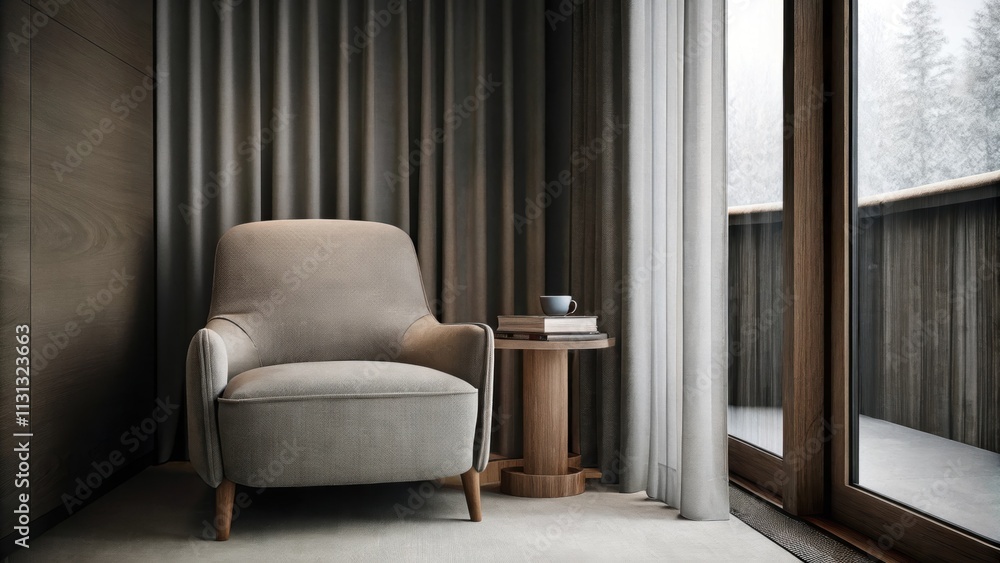 Poster A cozy reading nook is defined by a single oversized armchair in a muted tone. A small wooden side table holds a stack of books and a steaming cup. A large window with curtains