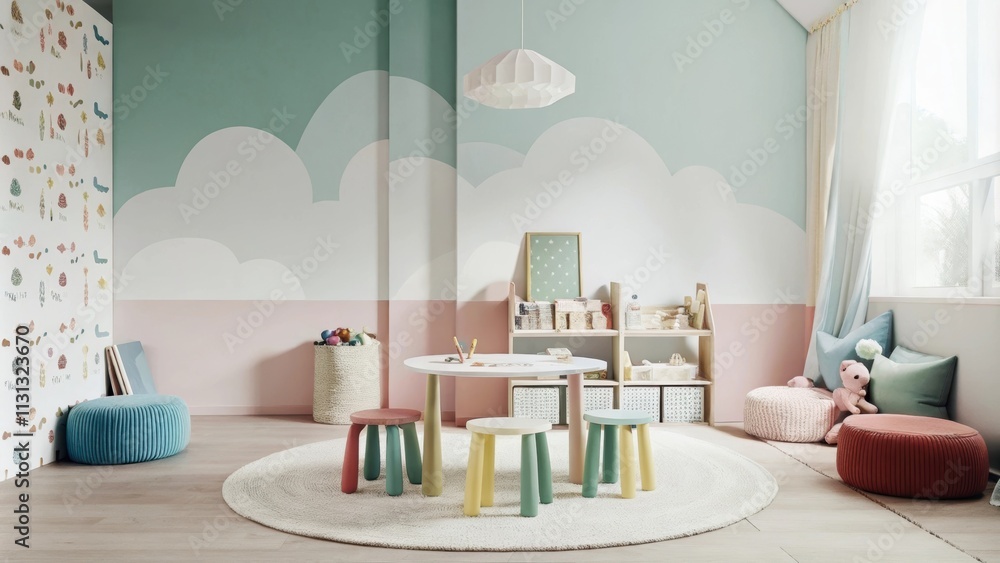 Poster a playful childrens playroom features a soft floor mat in pastel hues and a low modern play table su