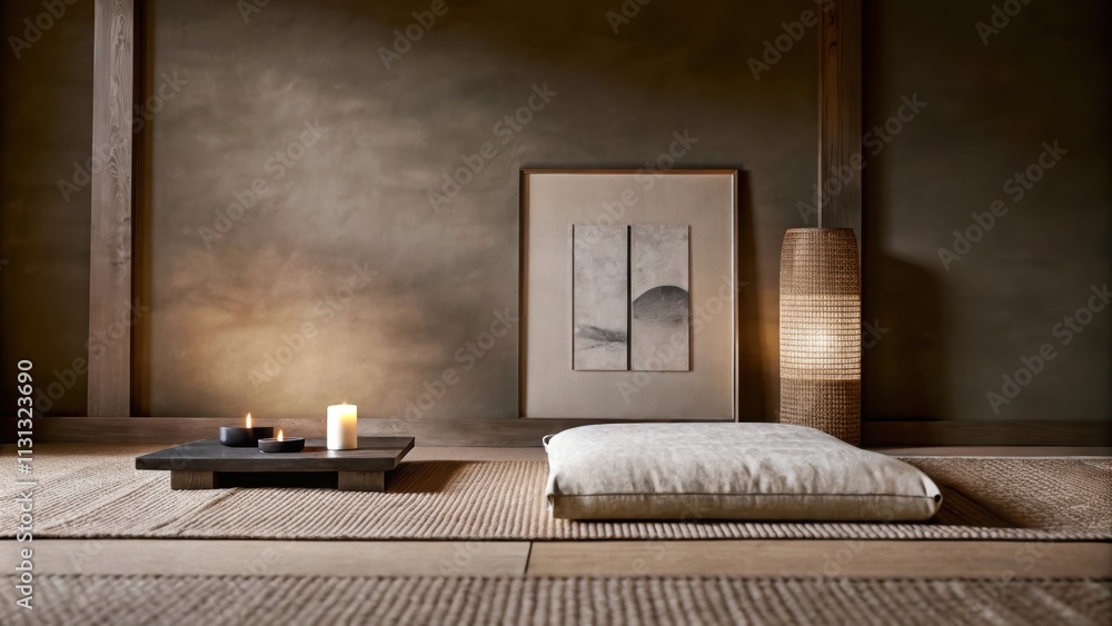 Poster A serene meditation space with a simple floor cushion a low coffee table and a single wall adorned with calming artwork complemented by a few strategically p candles and warm muted