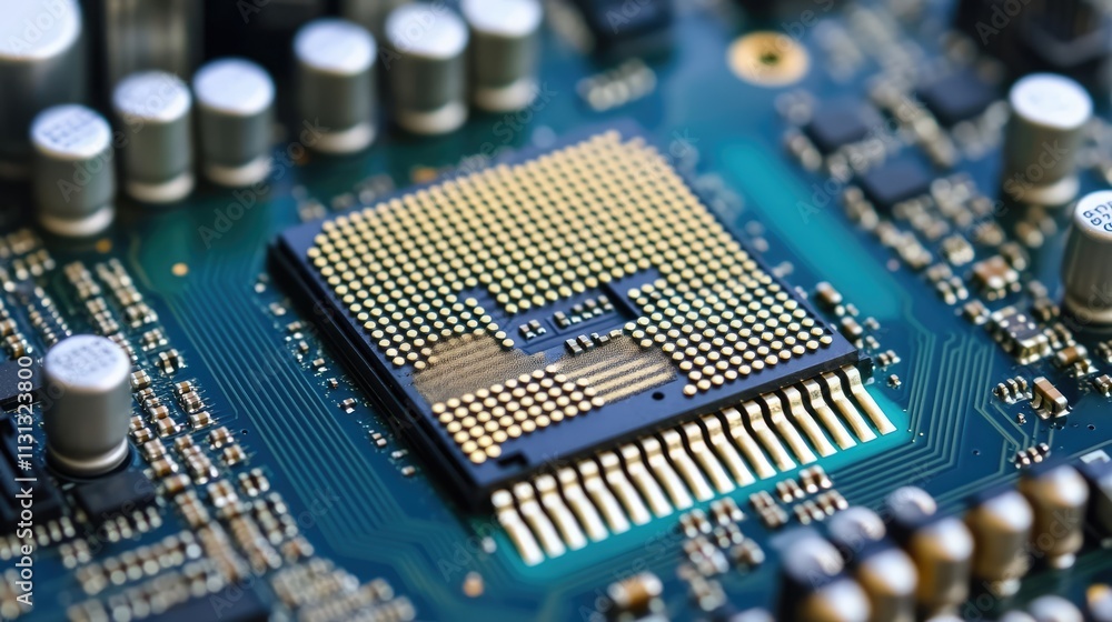 Poster close-up view of a cpu microprocessor mounted on a circuit board showcasing intricate details and el