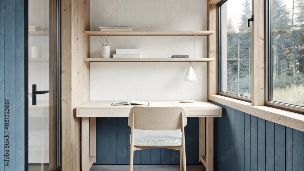Aufkleber A minimalist office space showcasing a simple wooden desk with clean lines and a matching chair. A wallmounted shelf displays a few geometric objects while a large window provides
