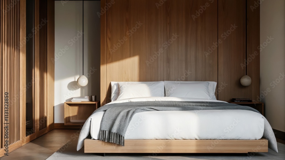 Poster a serene bedroom with a platform bed adorned in crisp white linens accented by a single muted grey t