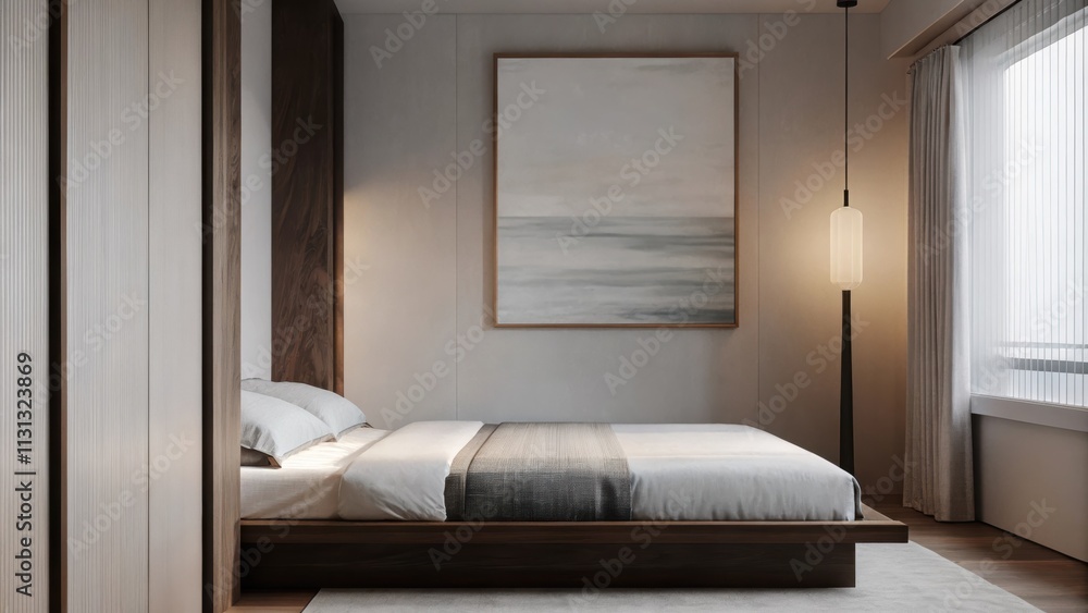 Poster A tranquil bedroom anchored by a lowprofile bed with a simple dark wooden frame. The bedding is a soft monochromatic palette and a single large painting in gentle hues hangs above