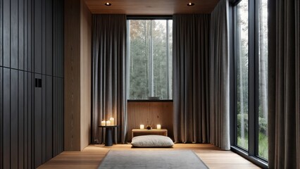Fototapeta premium A peaceful meditation room with a low cushion and a small altar made of natural materials. Soft lighting from candles and a single window with a view of greenery create a
