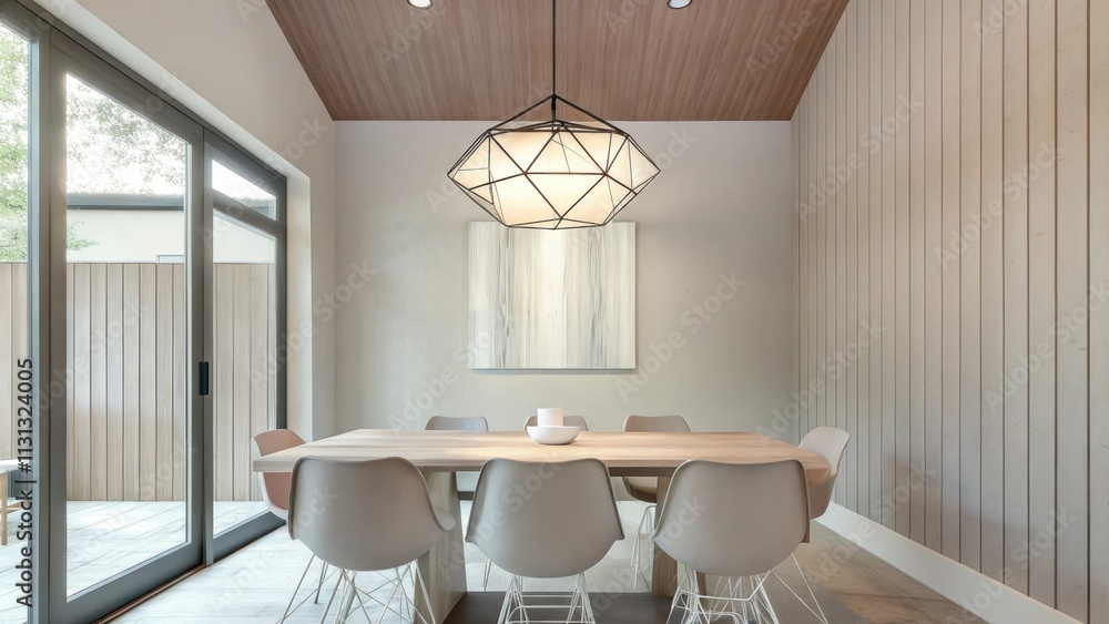 Poster an inviting dining area featuring a simple wooden table surrounded by modern molded chairs. above th