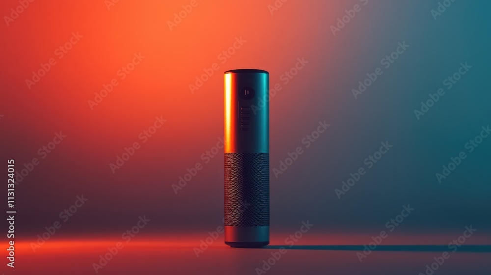 Poster digital voice recorder in upright position with colorful lighting on isolated backdrop highlighting 