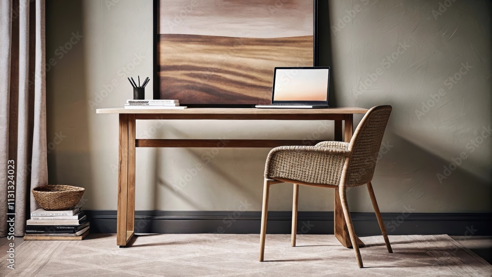 Poster A chic home office with a simple wooden desk a beige woven chair and a large abstract painting depicting desert hues creating a calm environment for focus and creativity.
