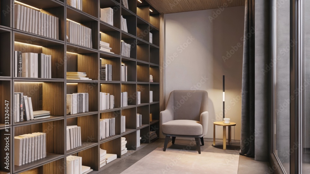 Poster A cozy reading nook with a floortoceiling bookshelf filled with neatly organized books. A slim armchair in a muted color rests beside a small side table where a steaming cup is