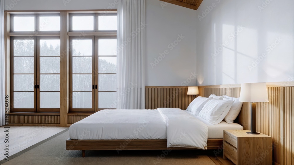 Poster A serene bedroom adorned with a platform bed dressed in crisp white linens complemented by a handcrafted wooden headboard and large windows that flood the space with natural light.