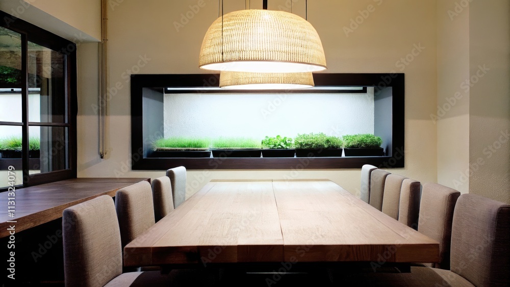Poster an inviting dining area with a long wooden table set for a meal surrounded by simple upholstered cha