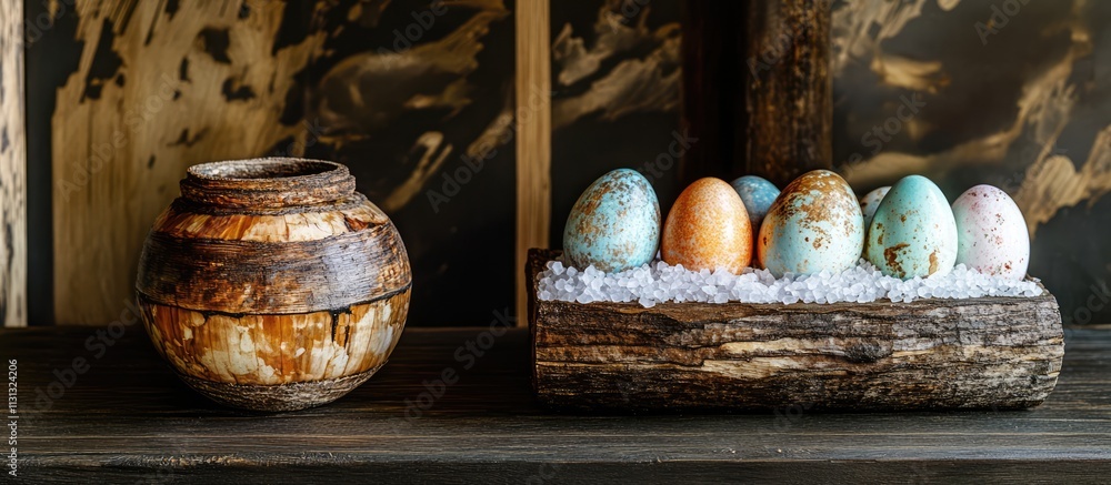 Poster easter eggs dyed with natural hues displayed in a decorative birch bark container on a rustic wooden