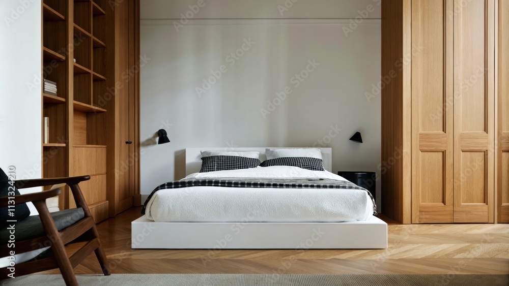 Poster A serene bedroom with a lowprofile white platform bed dressed in monochrome linens a black accent chair in the corner and a minimalist black lamp casting soft light on a white