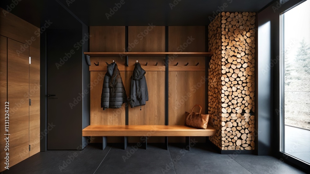 Poster a minimalist entryway featuring a large wooden bench with integrated storage and a backdrop of stack