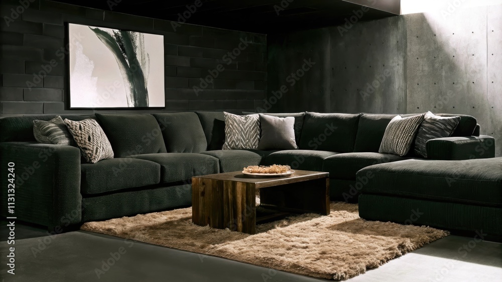 Poster An inviting living room featuring a large sectional sofa in deep charcoal fabric accented with textured throw pillows. A low coffee table made from reclaimed wood is surrounded by