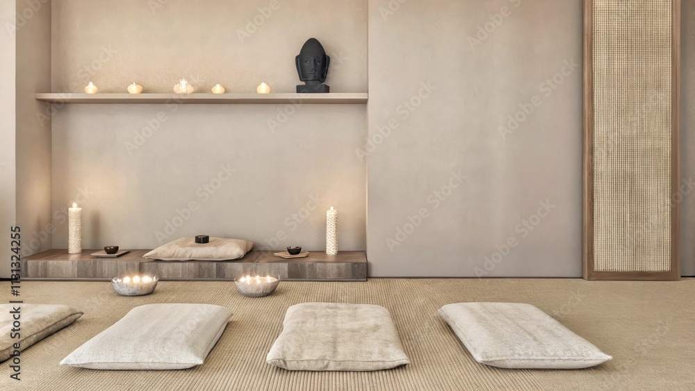 Poster A calming meditation room that incorporates a soft muted color scheme with floor cushions a low coffee table and a subtle wallmounted shelf displaying a few carefully chosen