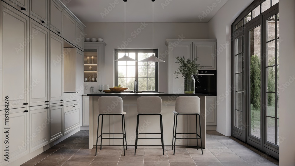 Aufkleber an open kitchen highlighting white cabinetry with black hardware a striking black island with three 