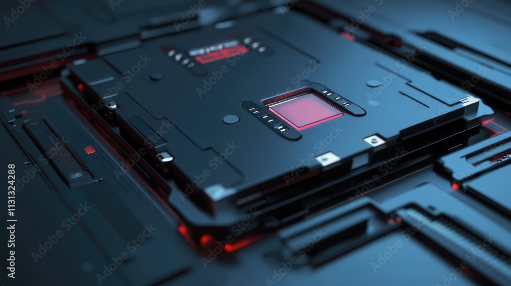 Poster futuristic data backup technology concept with high-tech circuitry and red accents