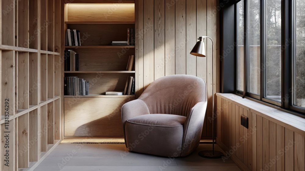 Aufkleber A cozy reading nook with a plush oversized armchair in soft velvet a minimal bookshelf showcasing a curated selection of books and a floor lamp with a metallic finish all bathed in