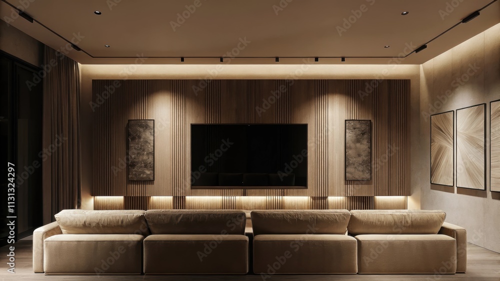 Aufkleber a sleek media room featuring a lowprofile sectional couch in rich upholstery a minimal wallmounted t