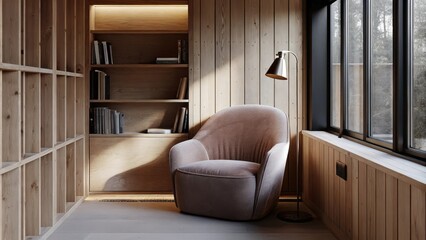 Fototapeta premium A cozy reading nook with a plush oversized armchair in soft velvet a minimal bookshelf showcasing a curated selection of books and a floor lamp with a metallic finish all bathed in