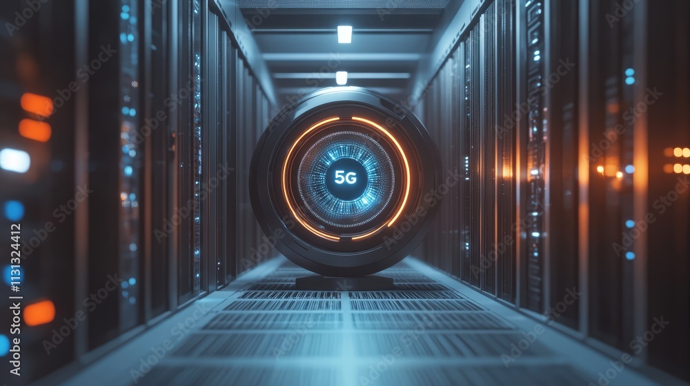 Poster 5g technology concept with illuminated spinning scanner in data server room showcasing global networ