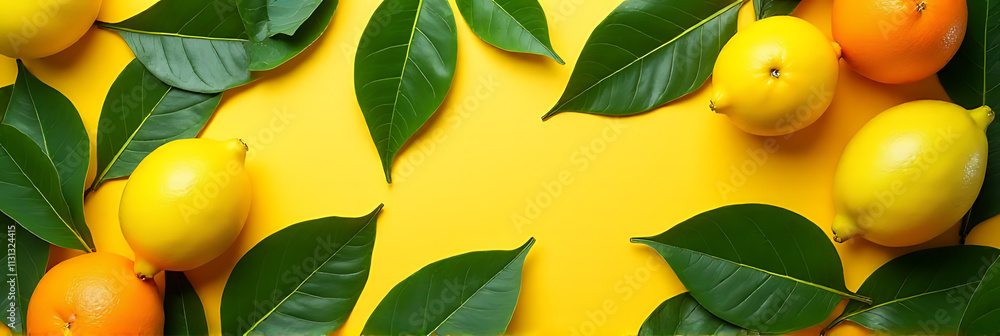 Poster A natural pattern featuring overlapping leaves from lemons and oranges forms a colorful background for flat lays of fresh produce._00001_