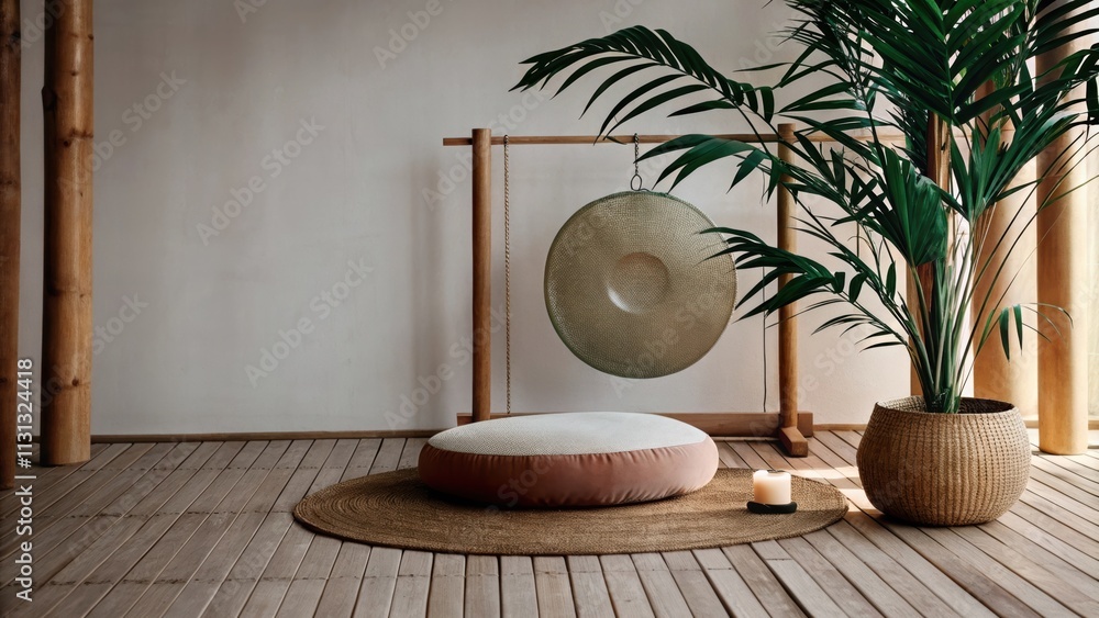 Poster A tranquil meditation space with bamboo floors a round meditation cushion in calming earth tones and a small white altar with a single candle. A large potted plant adds a touch of