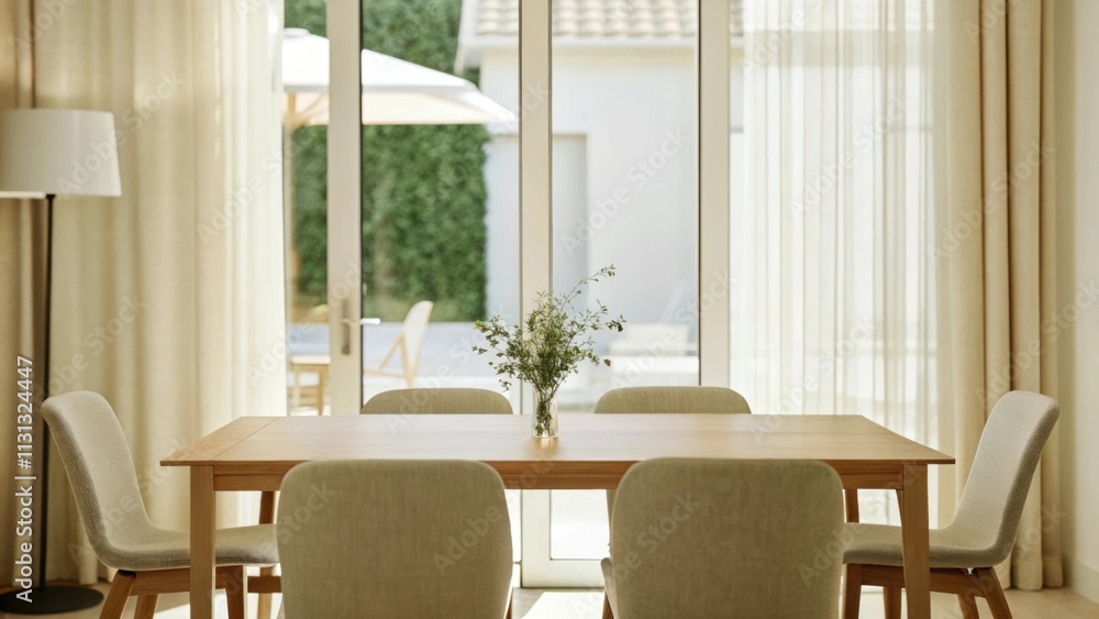 Poster A serene dining area with a simple wooden table surrounded by unadorned chairs. A single floral arrangement sits in the center while soft natural light streams in from large glass