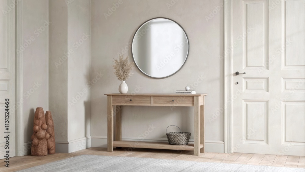 Aufkleber A tranquil entryway showcasing a simple console table with a large round mirror above light wood flooring and a few coastalinspired accents like a coral sculpture and a small vase